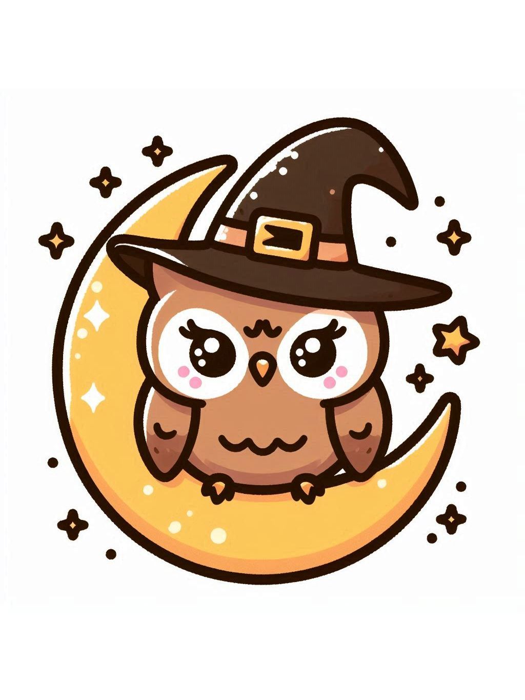 halloween cute animals drawings of a cute owl wearing a wizard's hat, sitting on a crescent moon with stars around.